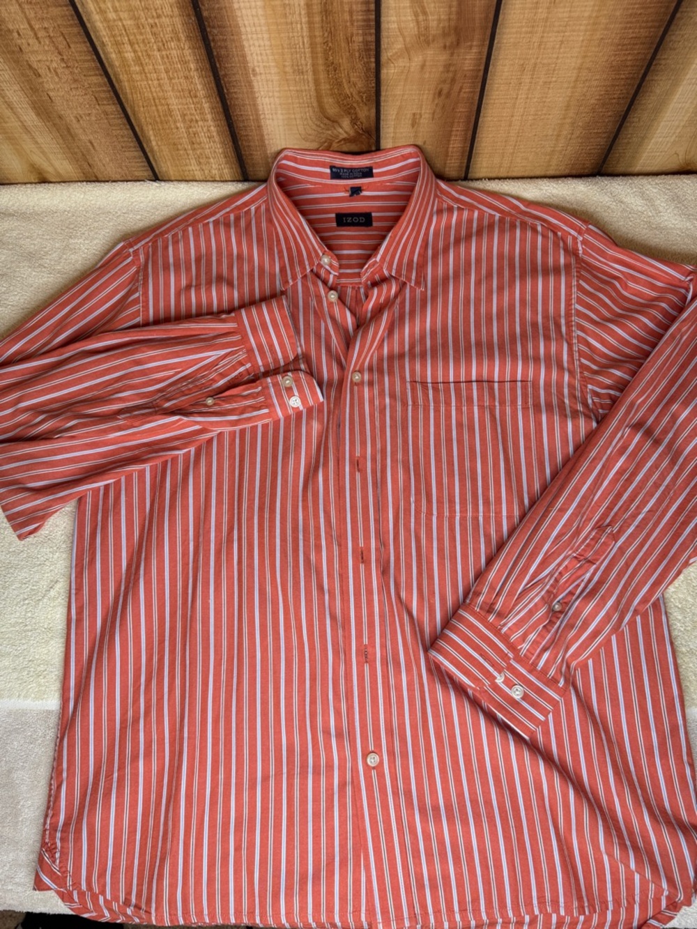Izod Men's Orange and White Striped Button-Down Shirt
